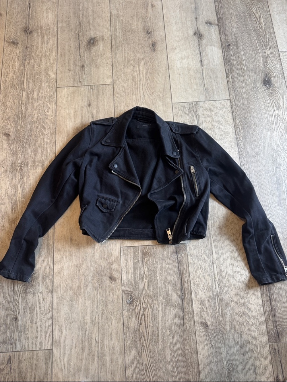 All saints Black Women's Moto Jacket w belt - Classic Biker Style cropped 6
